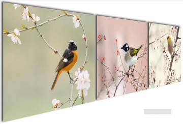 Establecer grupo Painting - pájaro en cerezo oriental en paneles escenificados